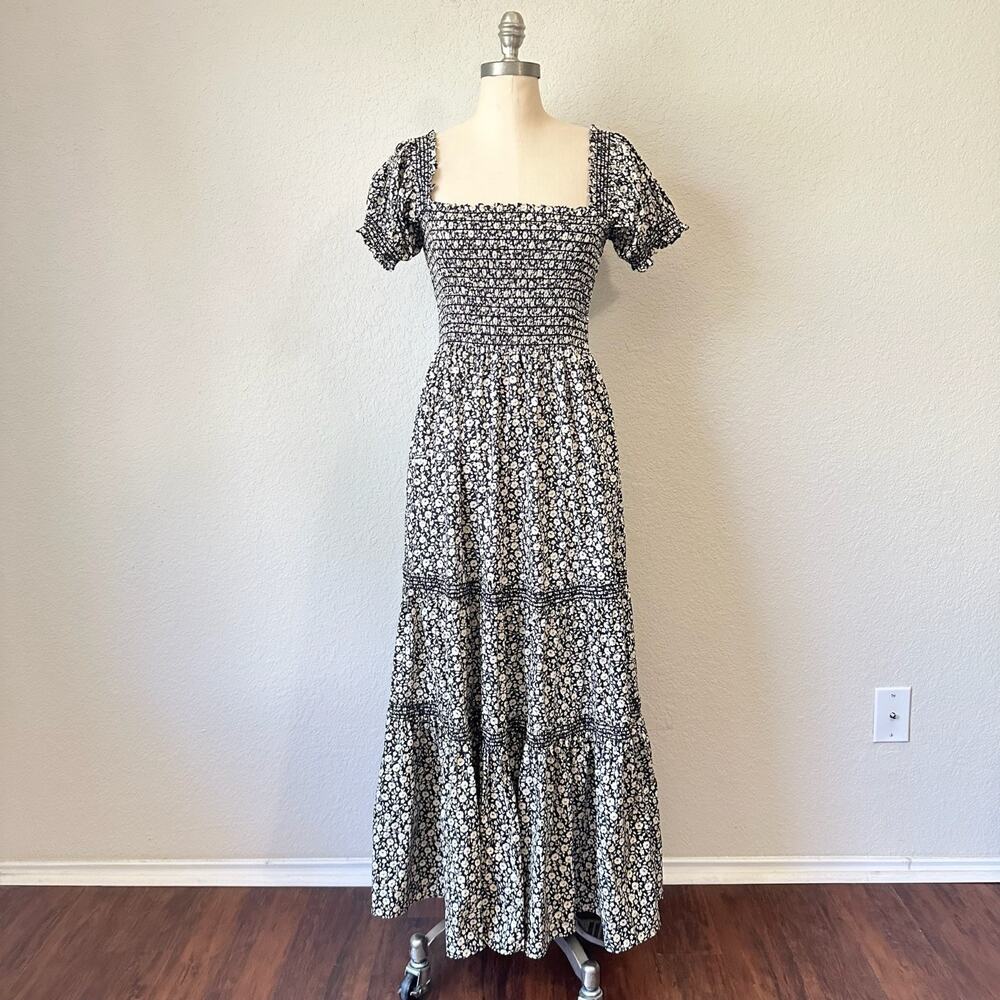 TORY BURCH Midi Dress Black White Floral Smocked Tiered Puff Sleeve
